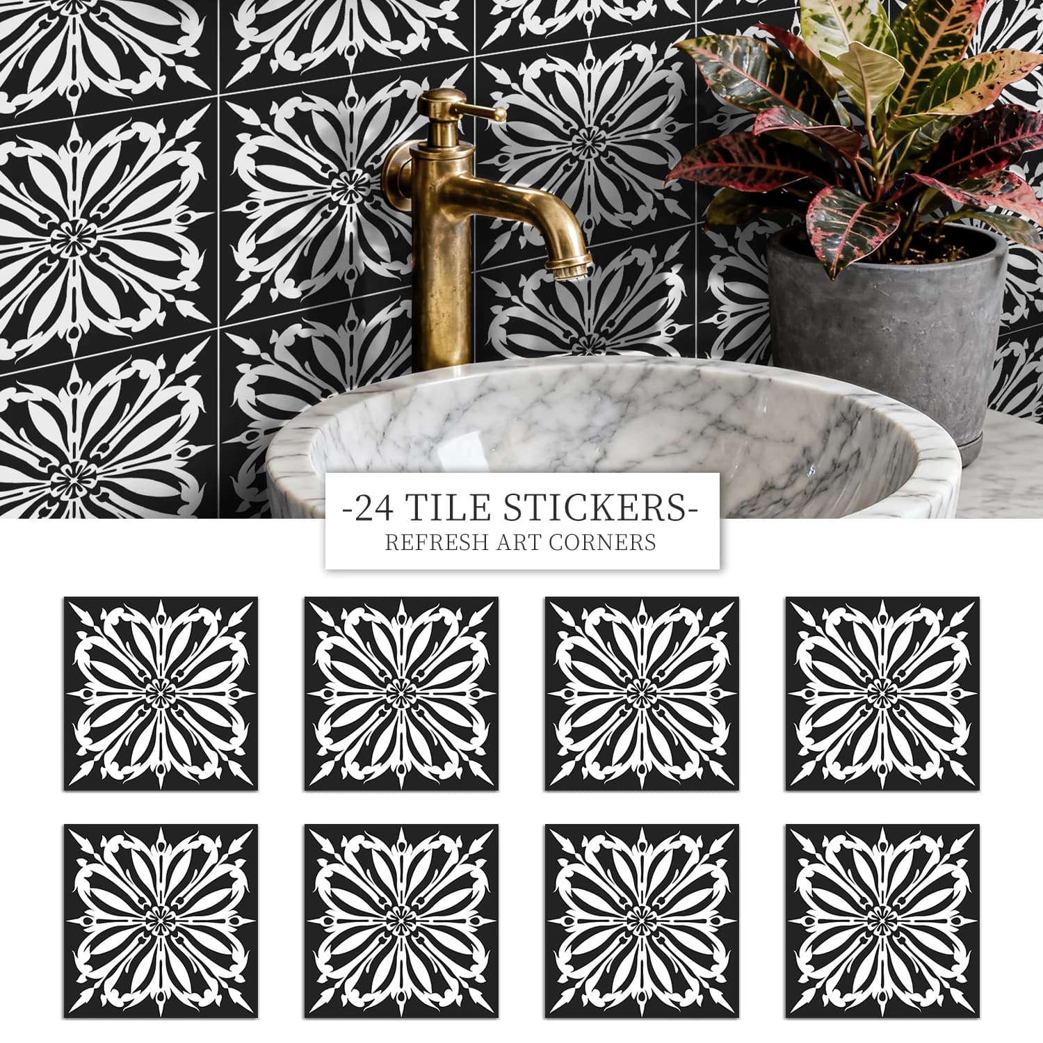 36Pcs Vintage Floral Tile Stickers, Self-Adhesive Peel and Stick Wall Decals, Waterproof for Kitchen Bathroom Home Decor