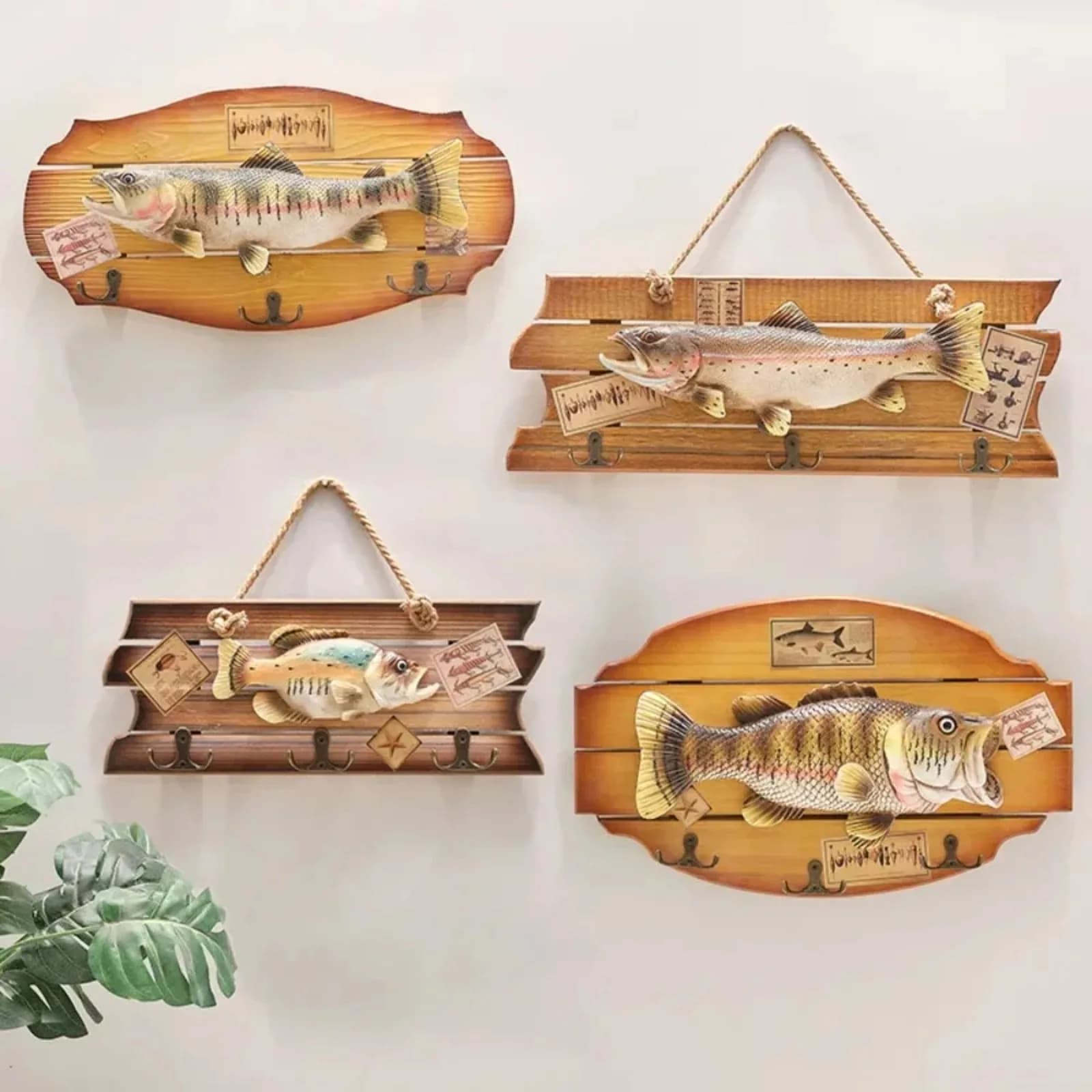 Wood Fish Wall Hooks Decorative Hanging Organizer Key Holder Coat Rack Mediterranean Style Wooden Entryway Bathroom Ornament