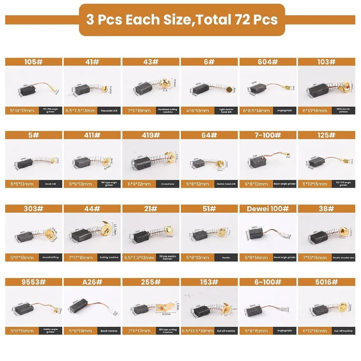 72Pcs Set Carbon Brushes for Motors 24 Different Sizes Repair Kit for Various Tools Motor Parts