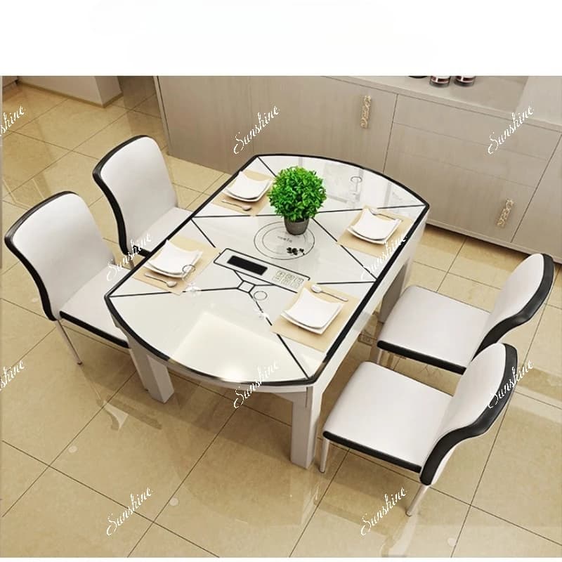 Dining table and chair combination Modern minimalist, retractable solid wood, round, folding tempered glass