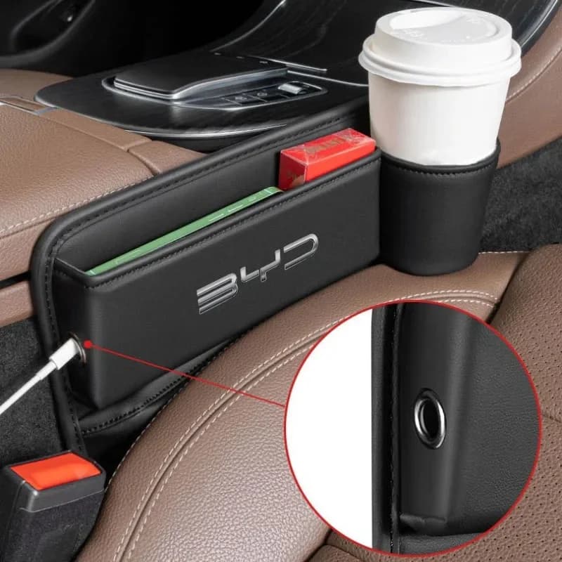 Car Seat Gap Leather Storage Organizer Box For BYD Atto3 Seal Han Tang Dolphin Song Yuan Multifunctional Container With Cup Hold