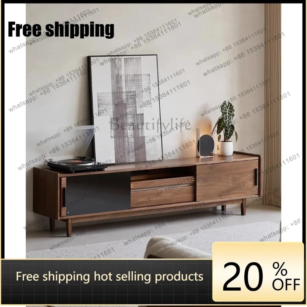 hot  Nordic all-solid wood TV cabinet, living room coffee table combination, black walnut multi-functional storage floor cabine