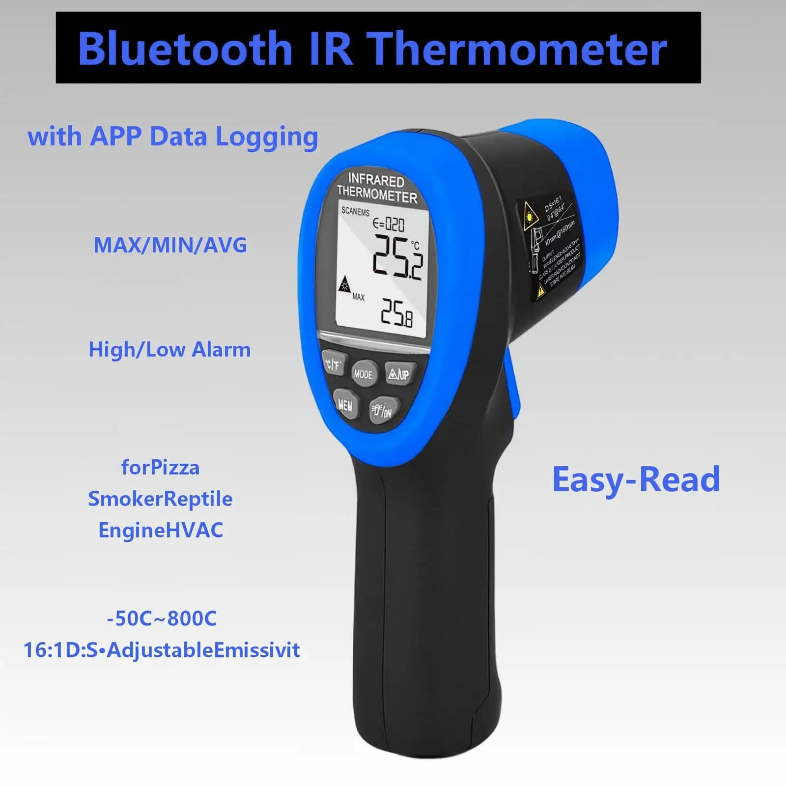 HOLDTPEAK Bluetooth IR Laser Temp Gun -50℃~800℃ 16:1 Adj Emissivity APP Data Log for Pizza Oven Smoker Reptile Tank Engine