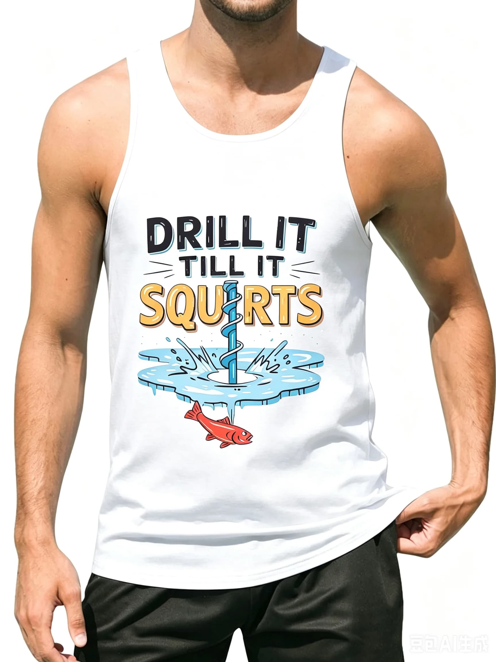 Men's Ice Fishing Graphic Tank Top, Drill It Till It Squirts Funny Sleeveless Summer Workout Gym Casual Summer lightweight Vest
