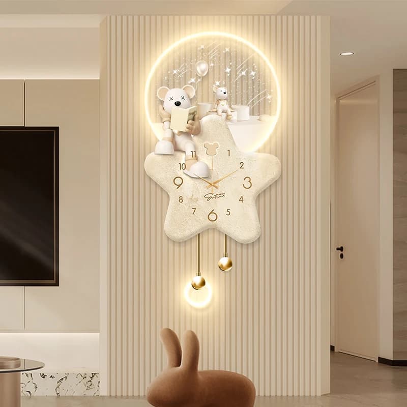 Cream Style Living Room Decoration Wall Clock Cartoon Bear Design Clock Mural LED Mute Corridor Hanging Painting Quartz Clock