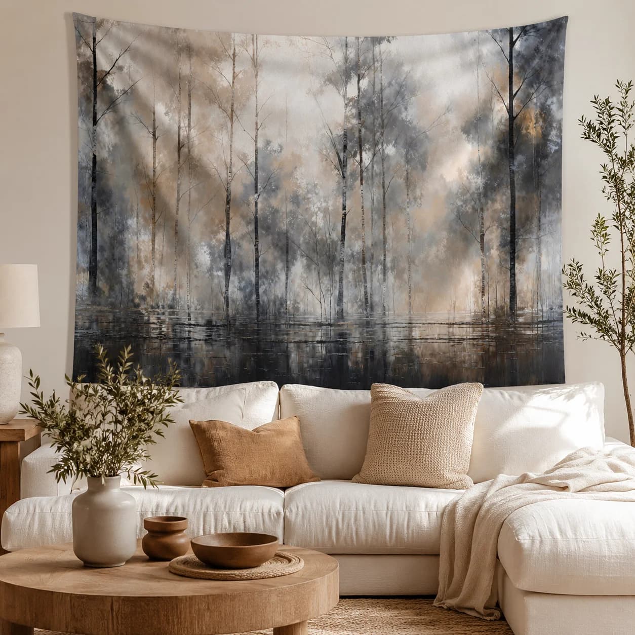 Vintage Foggy Forest Tapestry Tree Reflection Nature Scenery Wall Art, Rustic Neutral Room Decor