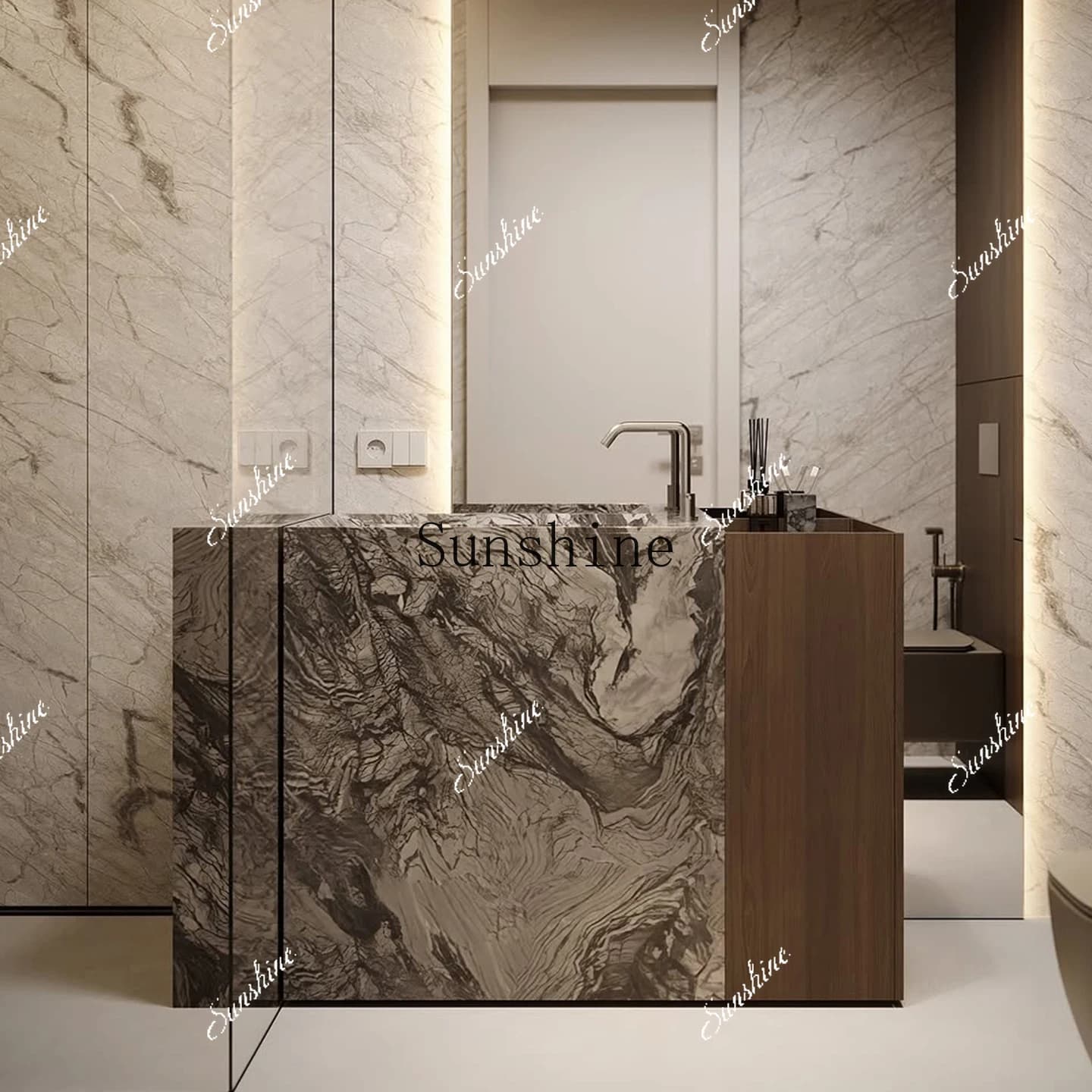 MSlate columns, integrated basin floor-to-ceiling outdoor courtyard, villa garden outdoor console