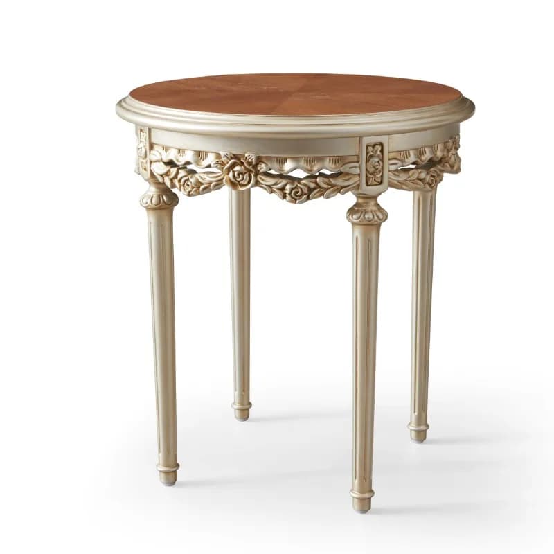 Luxury round side table with orange marble top and beautifully hand-carved gold leaf wood framed desk