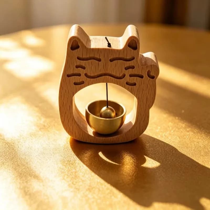 1pc Copper Bell Wood Lucky Cat Traditional Retro Door Chime For Home And Business Copper Bell Home Decoration 9.5*7.2cm