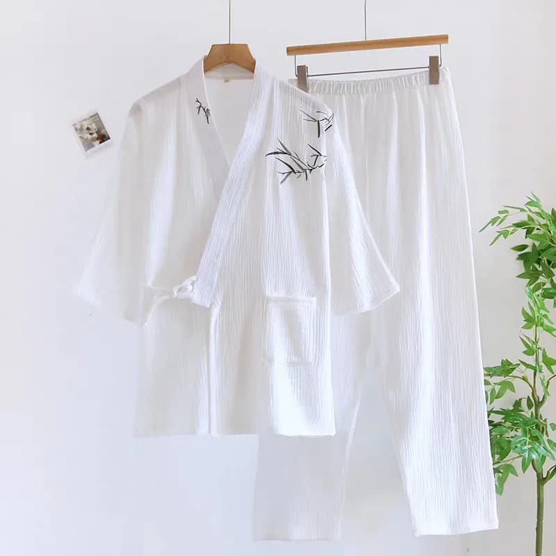 Men Loose Cotton Pajamas Set V-Neck Home Clothes Kimono Style Spring Autumn Embroidery Comfortable Soft Pjamas