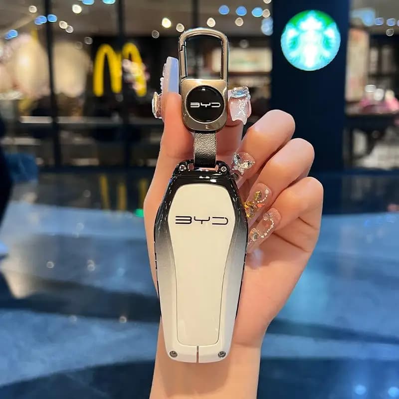 Zinc Alloy Leather Car Key Case Cover Shell Fob for BYD Song plus Atto 3 Han EV DM Qin Seal Dolphin - Protective Auto Keychain