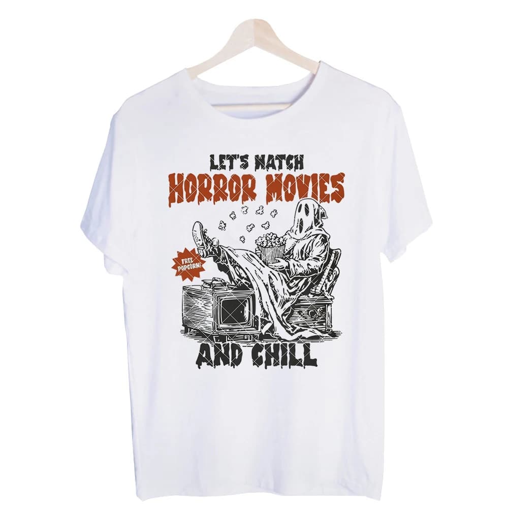 Men's Ghost and Popcorn Graphic Tee, Short Sleeve Crew Neck T-Shirt for Horror Movie Night and Casual Wear