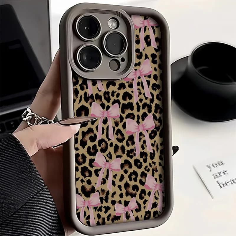 Phone Case Bow Leopard For Samsung Galaxy S25 S24 S23 S22 S21 Ultra Plus FE Silicone TPU Cover For A16 A26 A36 A56 A55 A54 Funda
