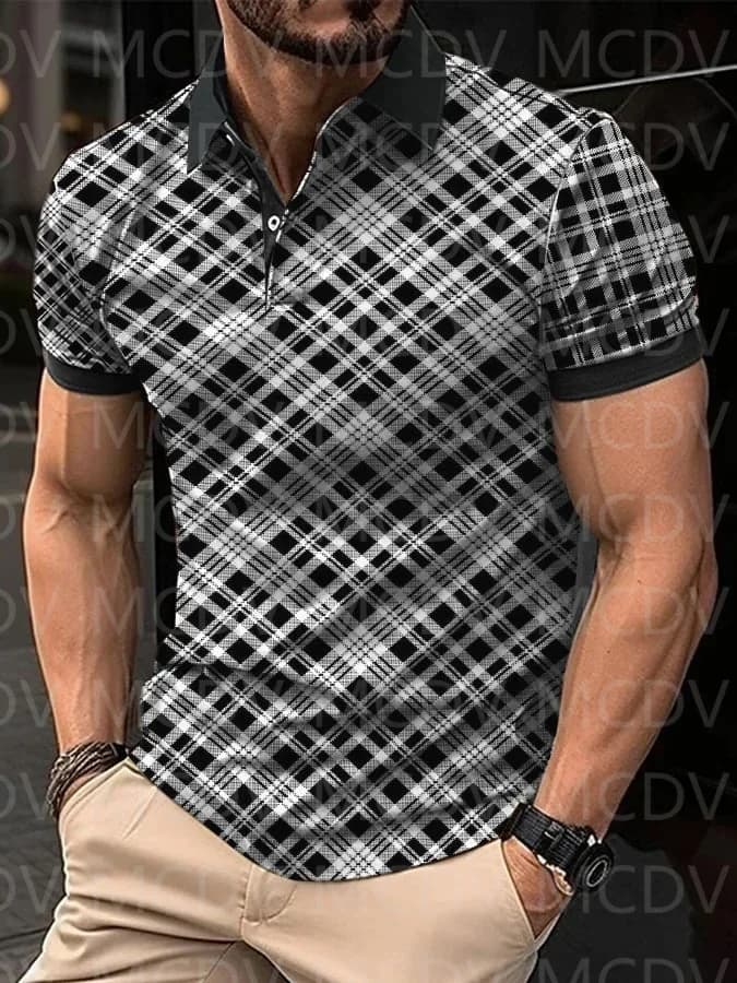 Casual Fashion Men's Contrast Stripe Polo  3D Printed Polo Shirt Summer Men's Tops