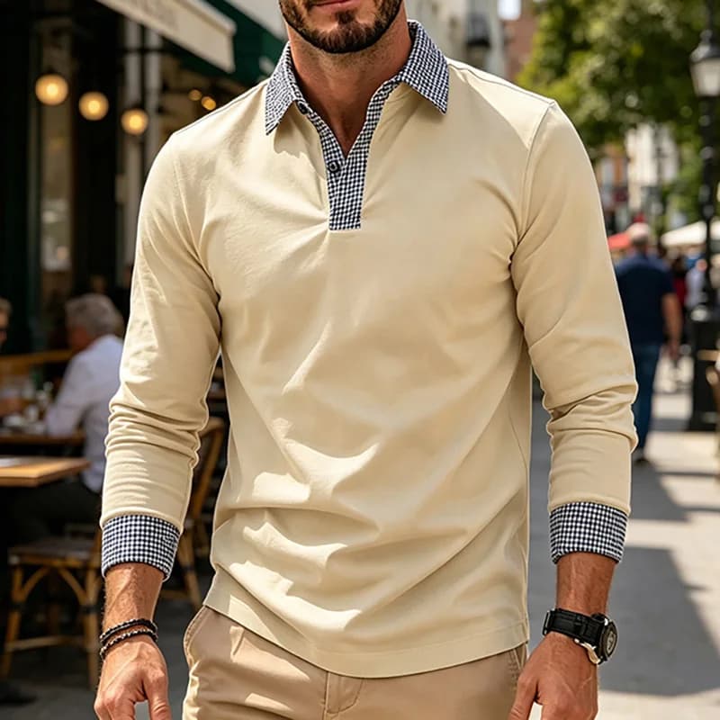 Men Contrast Plaid Lapel Long Sleeve Polo Shirt Regular Fit Daily Office Business Weekend Travel Street Casual Basic Wear Top