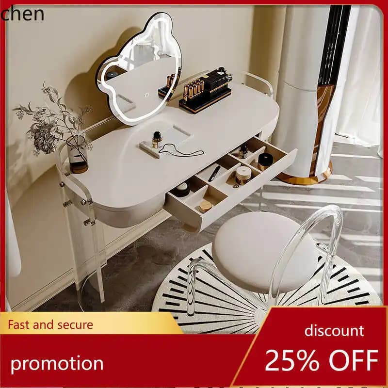 HXL Acrylic Dressing Table Bedroom Minimalist Cream Style Round Mirror Makeup Table