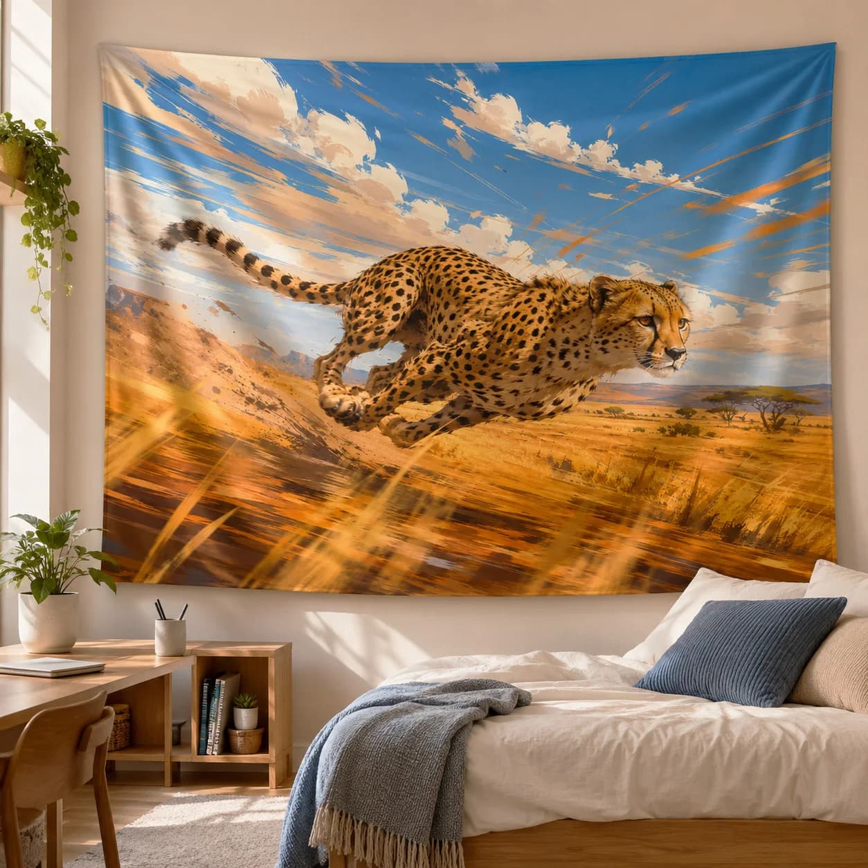 Running Cheetah Tapestry Wall Hanging African Savanna Animal Landscape Large Fabric Wall Tapestries Boho Room Decor for Bedroom