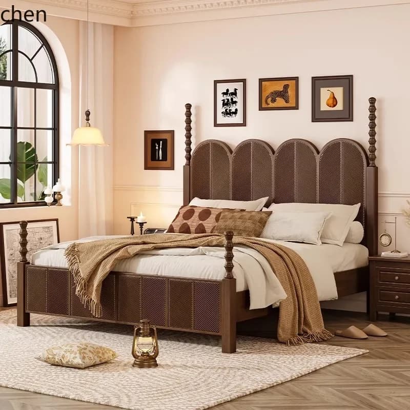 Solid Wood Bed Modern Simple 1.5M 1.8M Double Bed Retro Master Bedroom High-End Elegant Wedding Bed