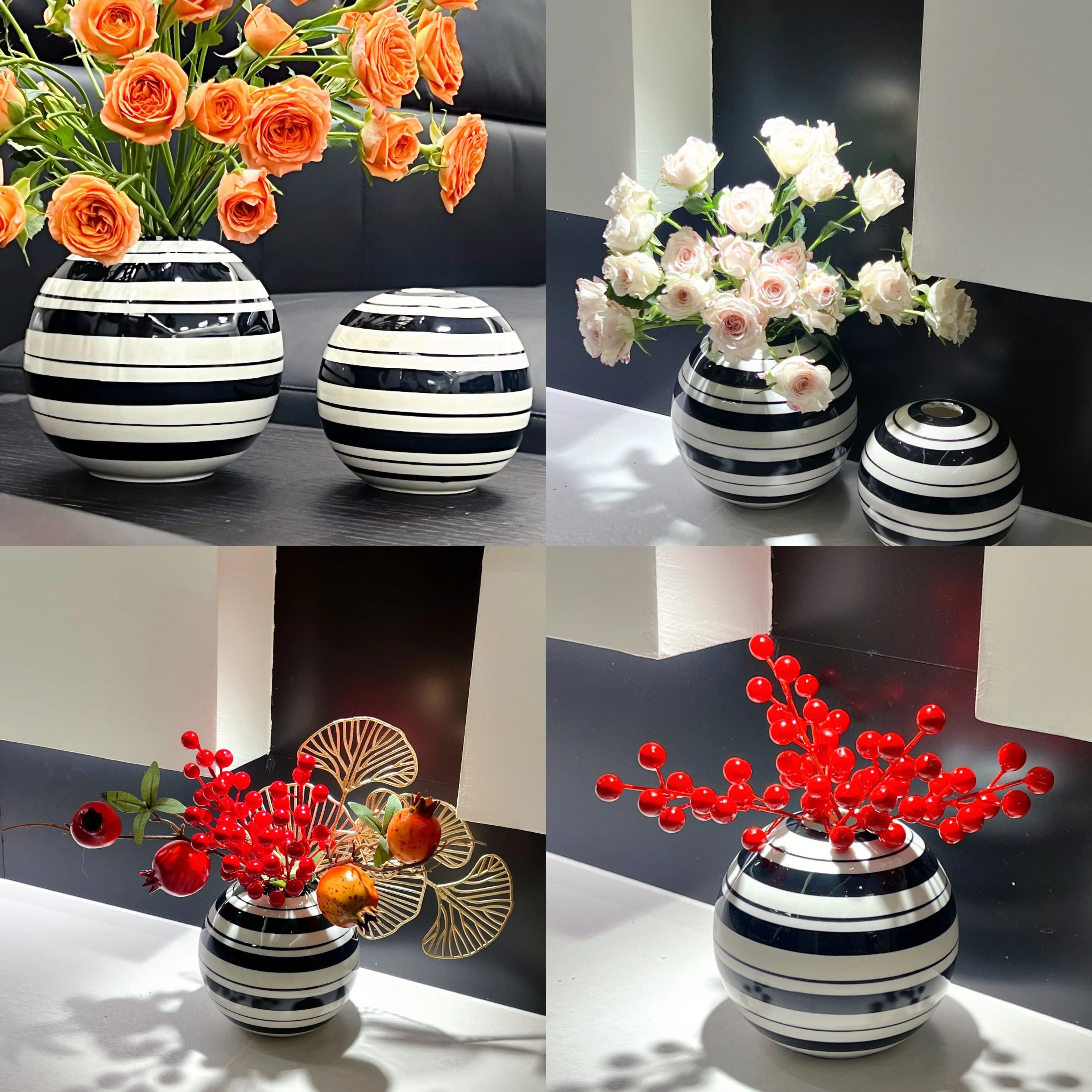 Creative Black White Striped Ceramic Ball Vase Hydroponic Flower Arrangement Table Decor
