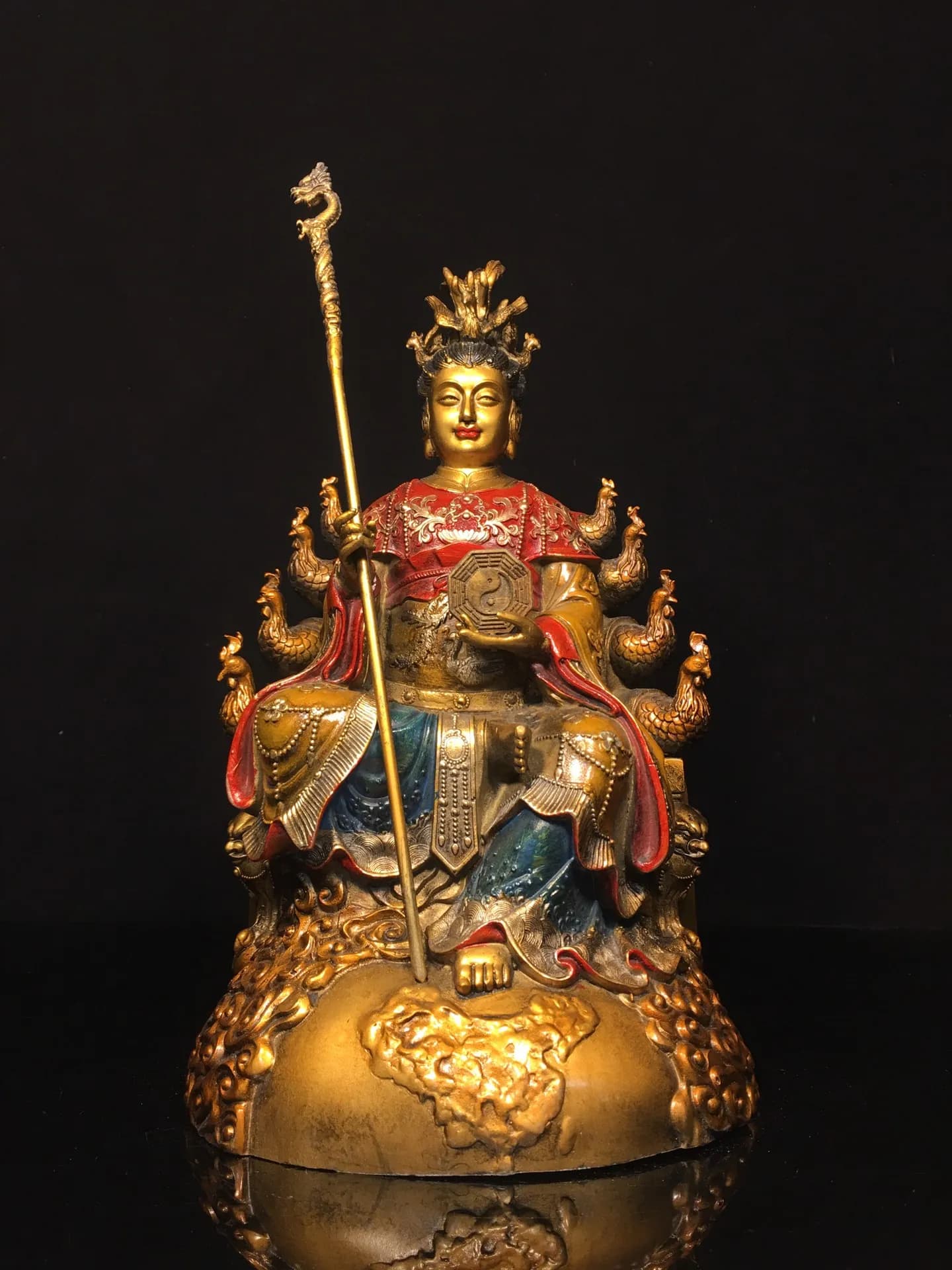 16"Tibetan Temple Collection Old Bronze Painted Phoenix Head Crown Queen Mother Sitting Statue Worship Hall Town house