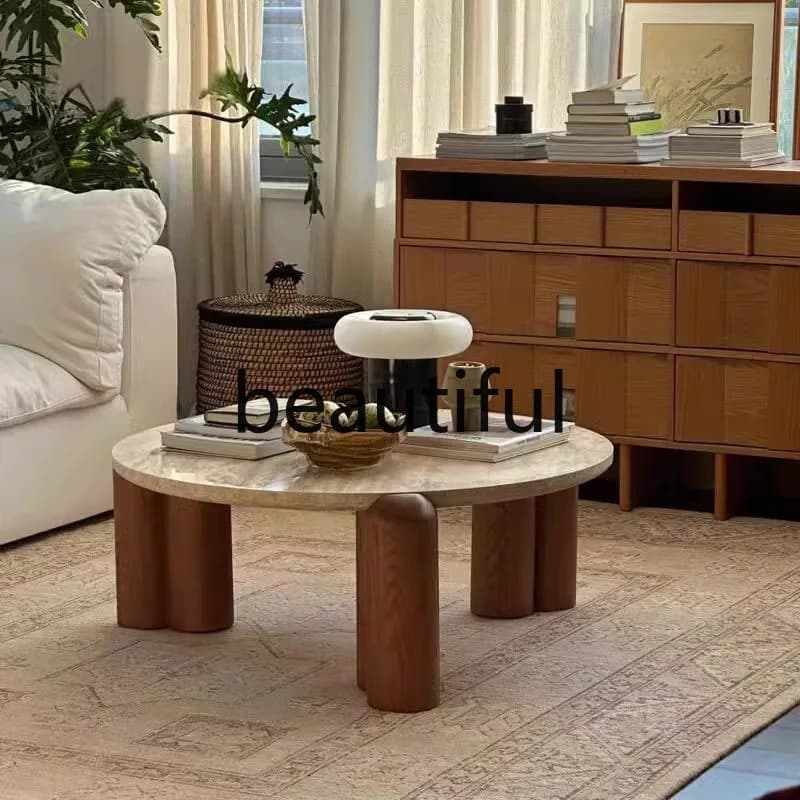 Travertine coffee table French medieval marble retro small coffee table creative solid wood natural living room white