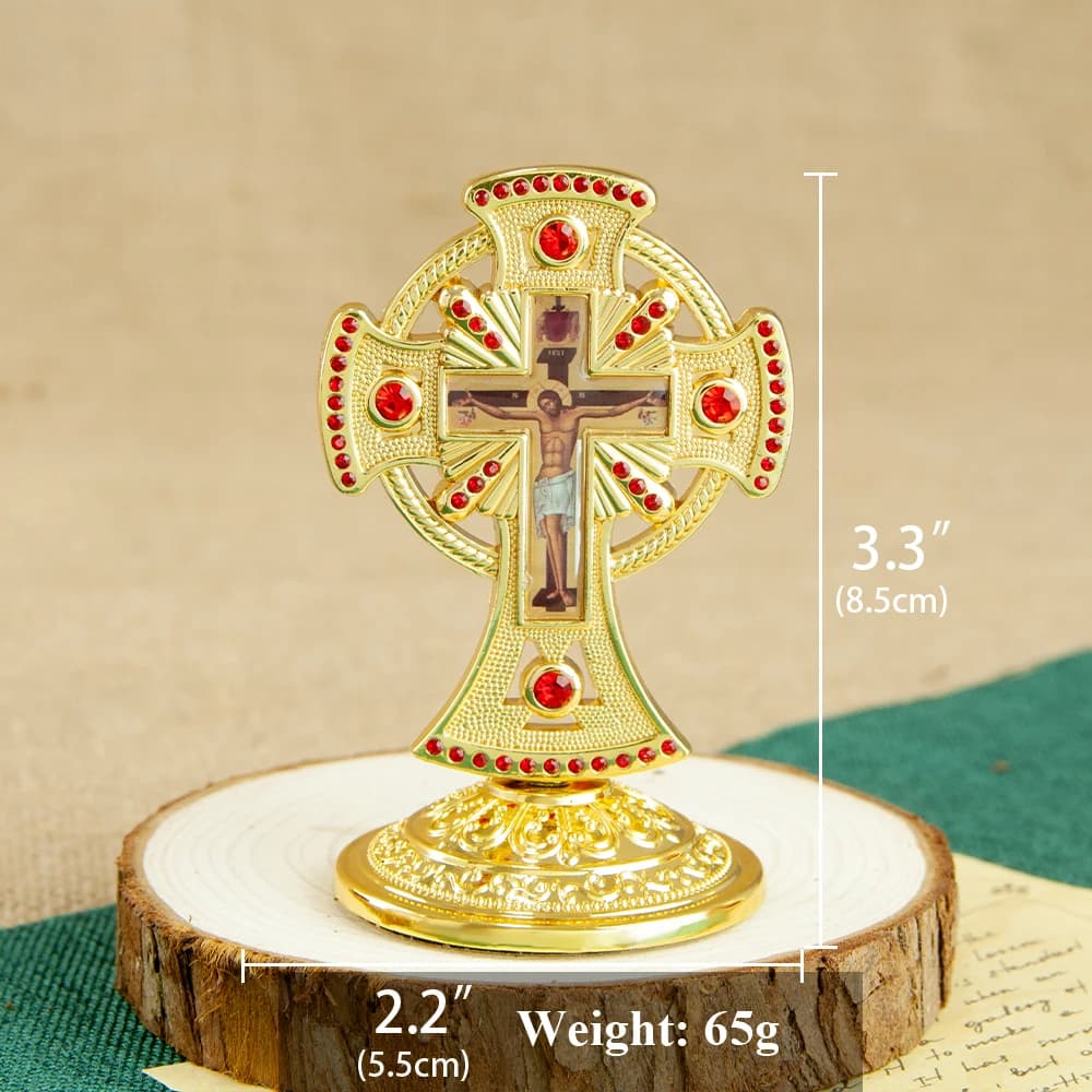 HTISOK Orthodox Jesus Crucifix Cross Metal Jesus Icon Statue Red Color Gemstone Religious Church Home Car Decor Standing Cross