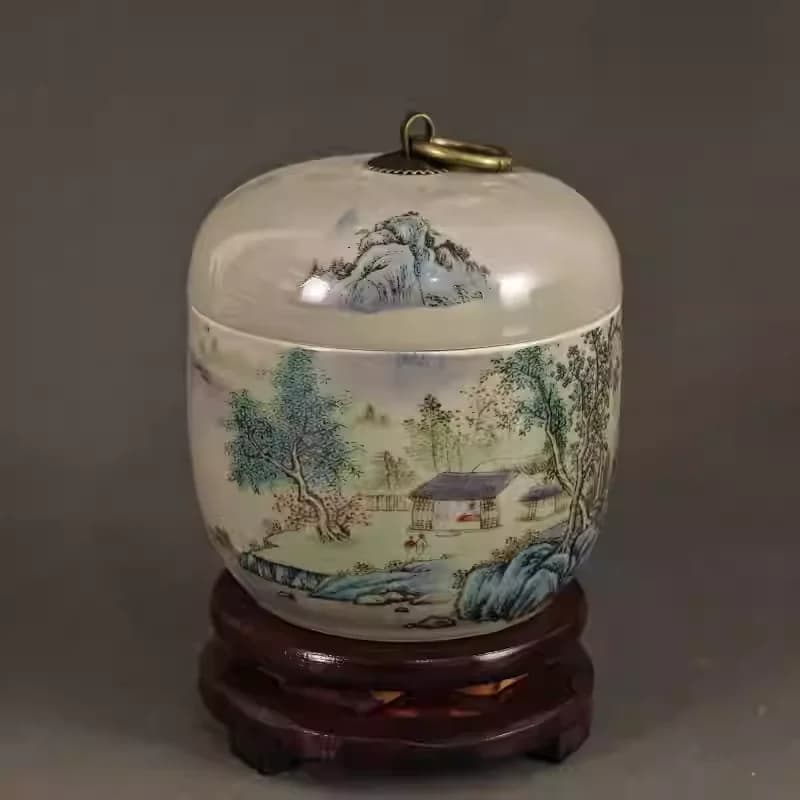 Retro Chinese Landscape Porcelain Jar Handmade Pink Enamel Tea Storage Canister Antique Style Collectible Ornament