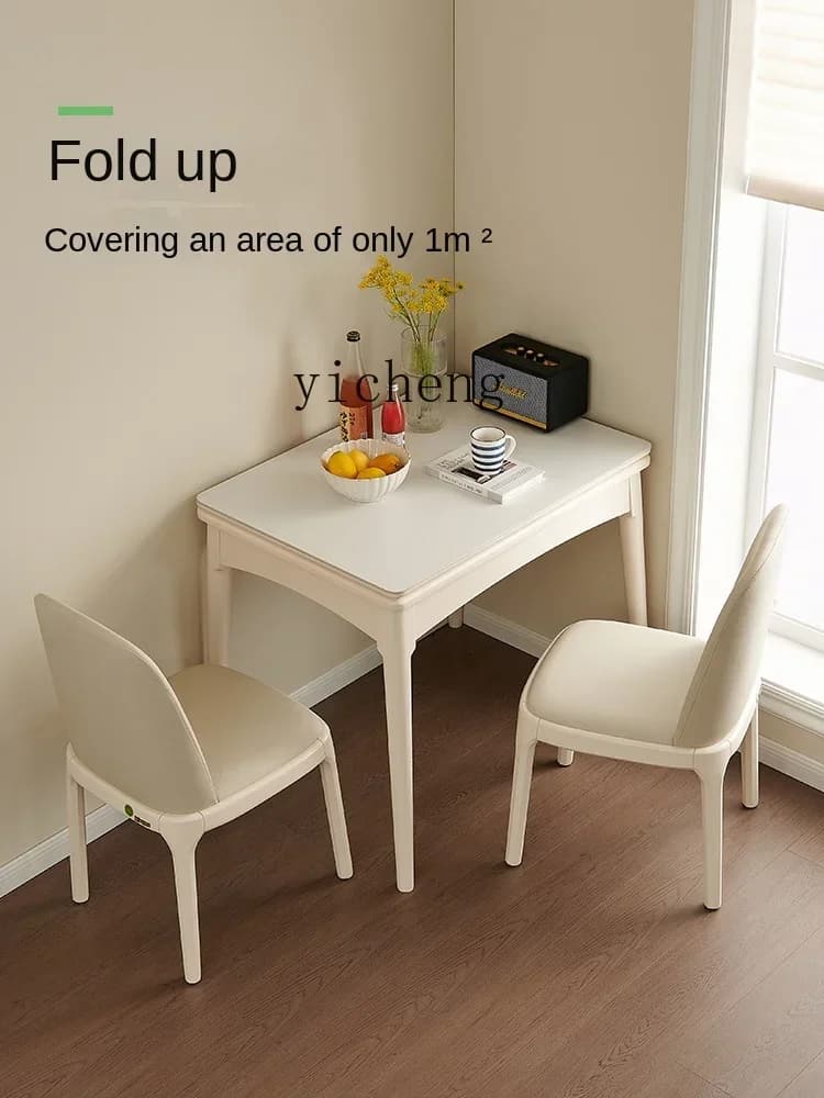 v9.7- Cream Style Dining Table and Chair Slate Foldable Modern Home Solid Wood Apartment White Dining Table