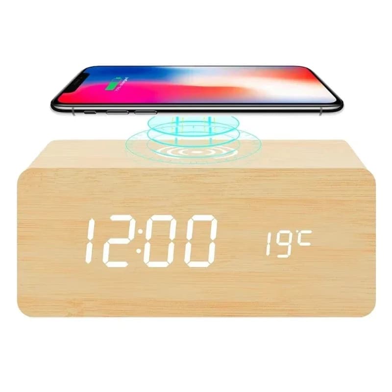 Wooden LED Alarm Clock Wireless Charger Charging LED Charger