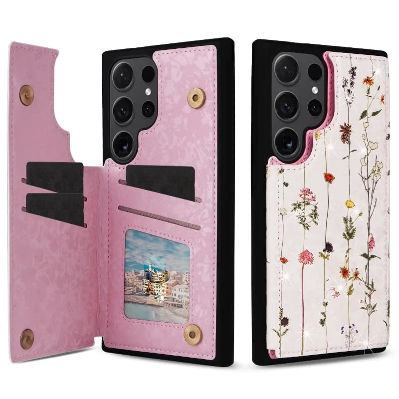 Printing Flowers Leather Phone Case For Samsung Galaxy S24 Ultra S23 FE S22 S21+ Back Magnetic Flip Wallet Card Cover