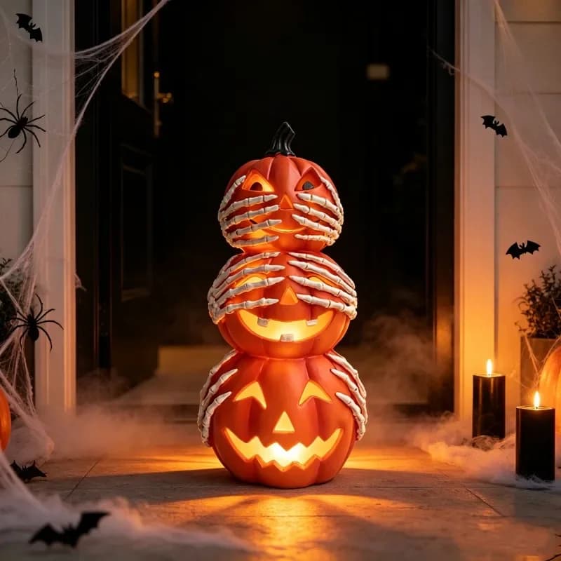 1pc Stacked Pumpkin Lantern Figurine Resin LED Light‑Up Pumpkin Statue Indoor Outdoor Party Scene Halloween Decor Ornament Gift