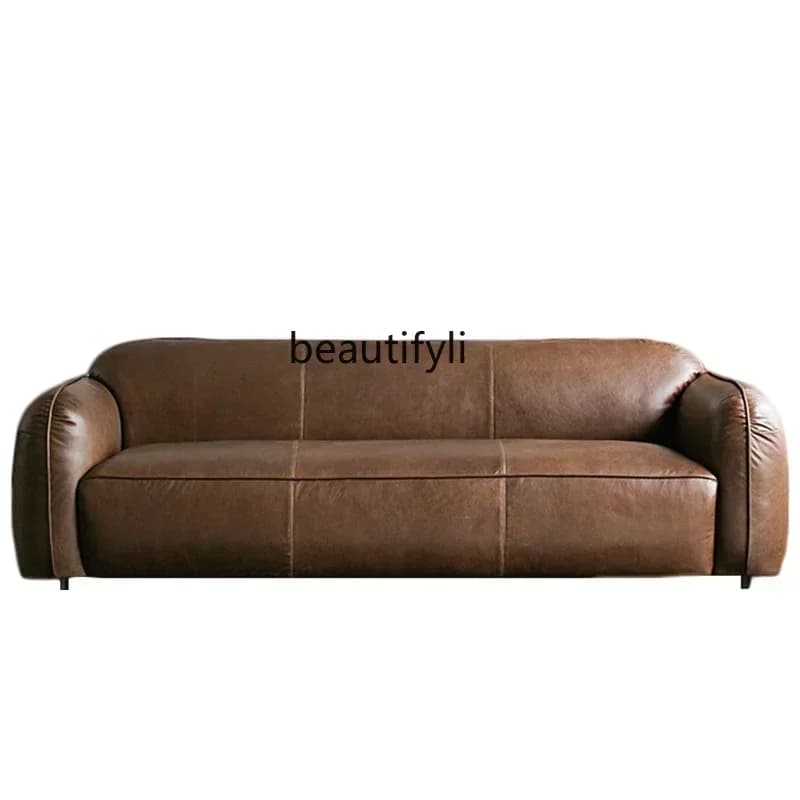 D33Italian retro tofu block leather sofa designer living room soft bag straight row sofa