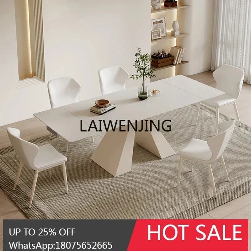 retractable rock slab dining table and chair combination pure white cream style modern simple home