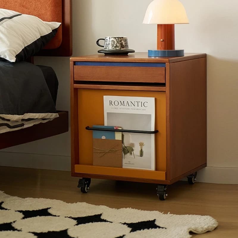 Solid wood antique style bedside simple bedroom household integrated locker with wheels can be moved
