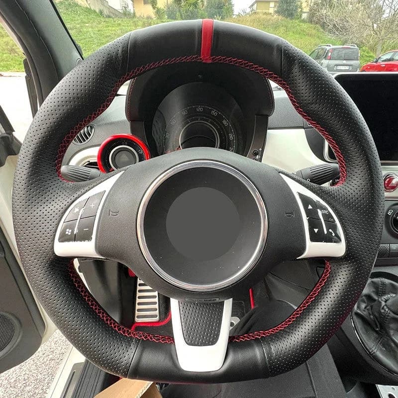 For Fiat 500 500C 2013-2015 For Abarth 500 500C 595 595C 2009-2016 Car Steering Wheel Cover Black Leather red line red strip