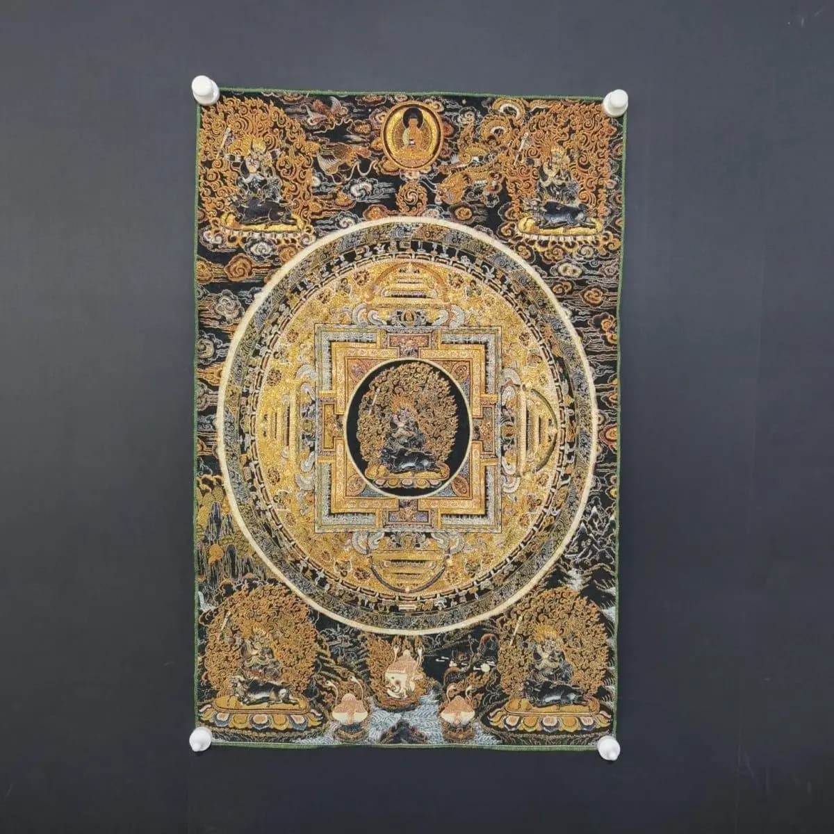 Tibetan Buddhist Mahakala Mandala Thangka Embroidery Brocade Cloth Wall Decor Religious Worship Tapestry