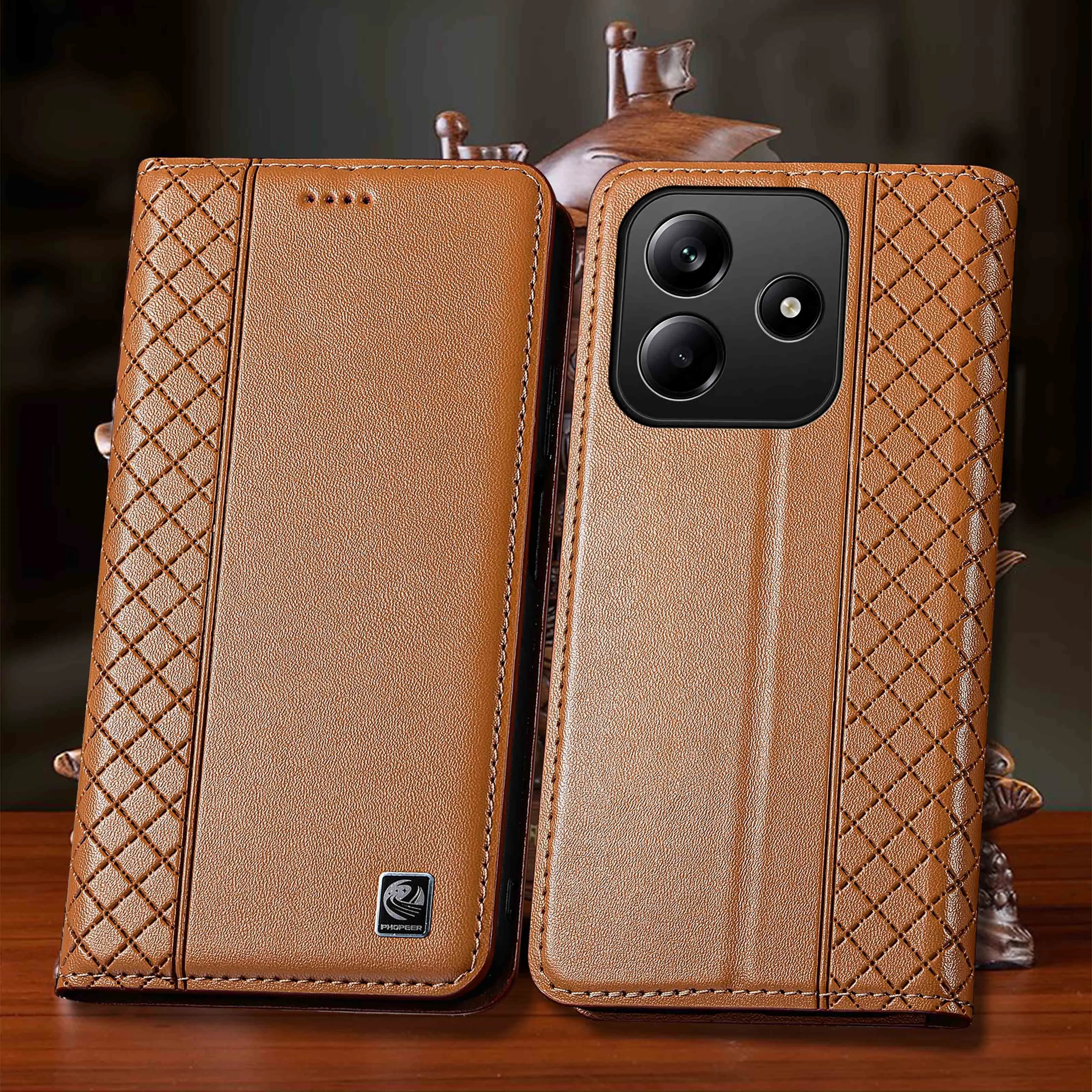 Genuine Leather Case For Redmi Note 12 12S 13 14 14S 15 17 Pro Max Plus 4G 5G Turbo Nappa Inner Grid Pattern Of Flip Cover Case