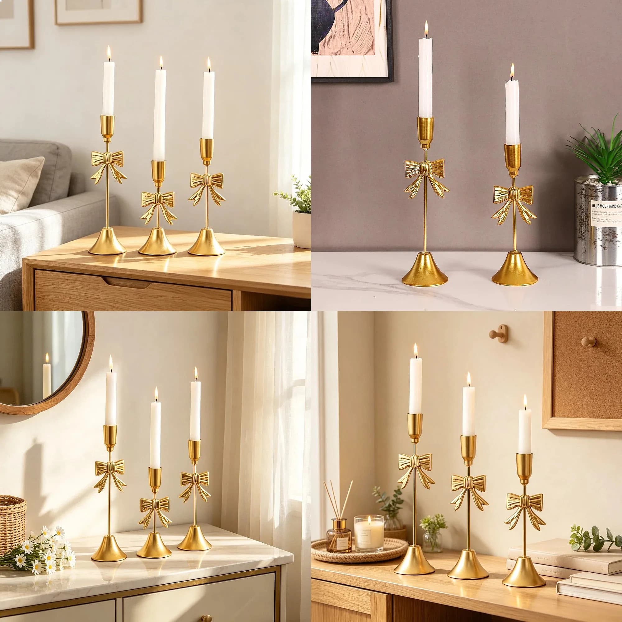 3Pcs French Vintage Gold Bow Candle Holders Metal Taper Candle Sticks for Wedding Centerpiece French Style Home Decor
