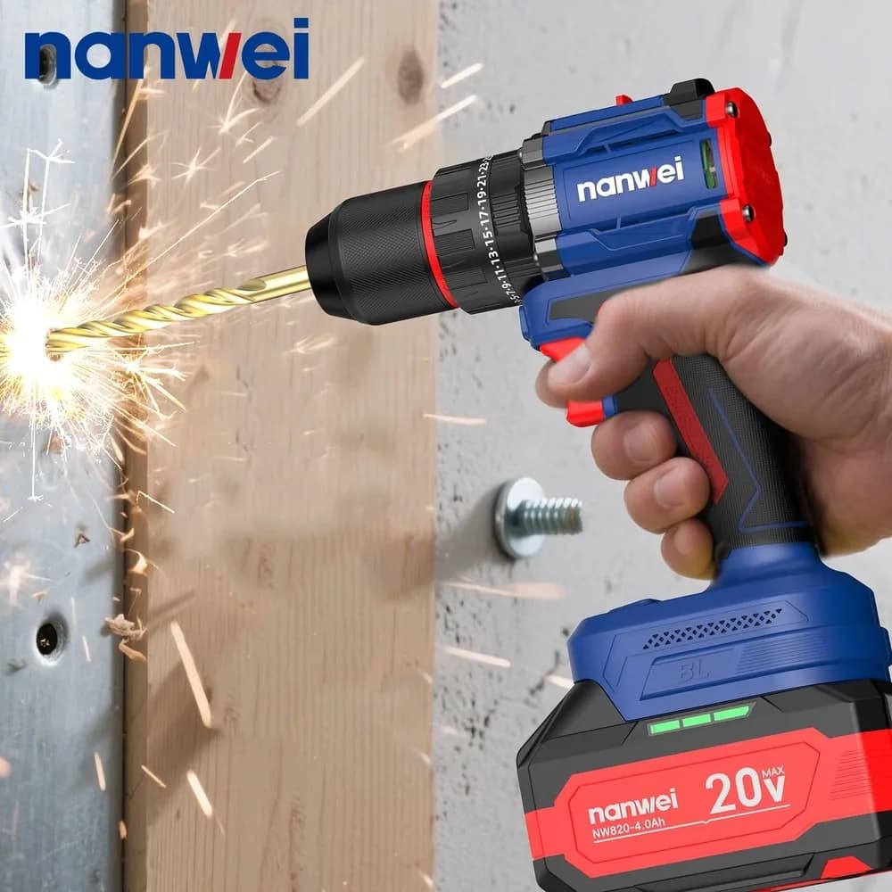NANWEI 20V Cordless Impact Drill Brushless Electric Screwdriver Set Variable Speed Heavy Duty Power Tool Kit