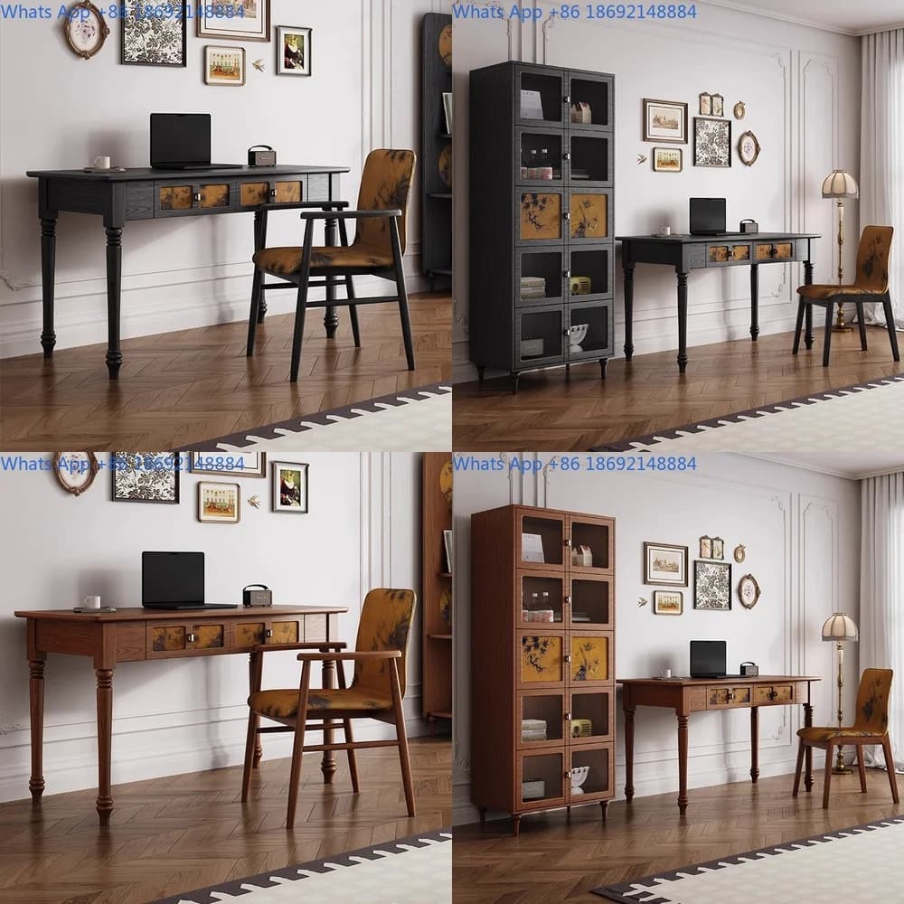 French style vintage computer desk with black dressing table combined writing desk American white wax wood solid legs study