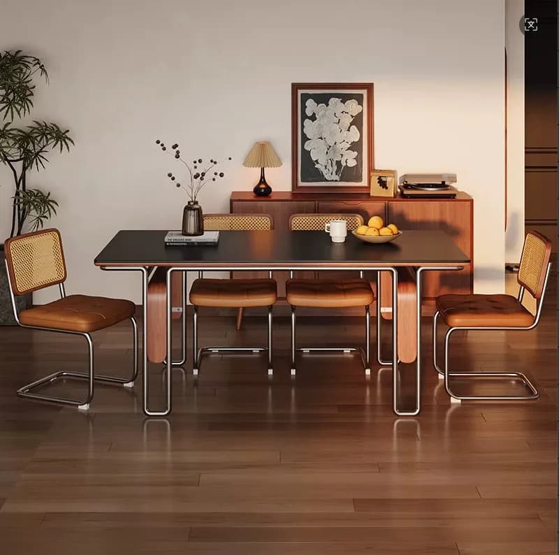 #Vintage-style Stone Slab Dining Table; Modern Rectangular Dining Table with Stainless Steel Legs for Small Spaces