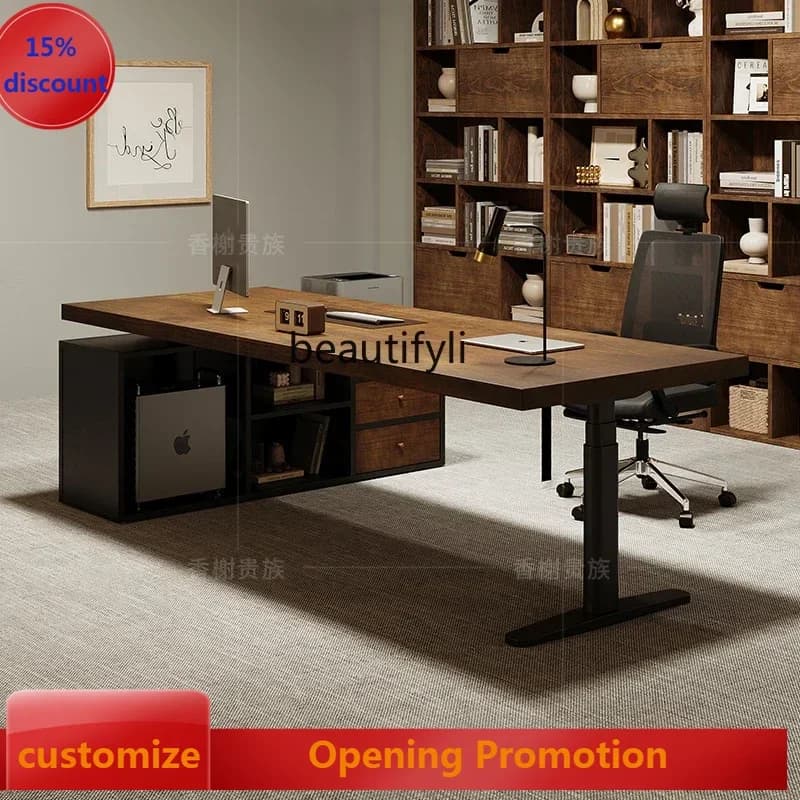 ss7486 Intelligent electric lift boss table standing office computer desk solid wood bench with side cabinet New Light Luxury