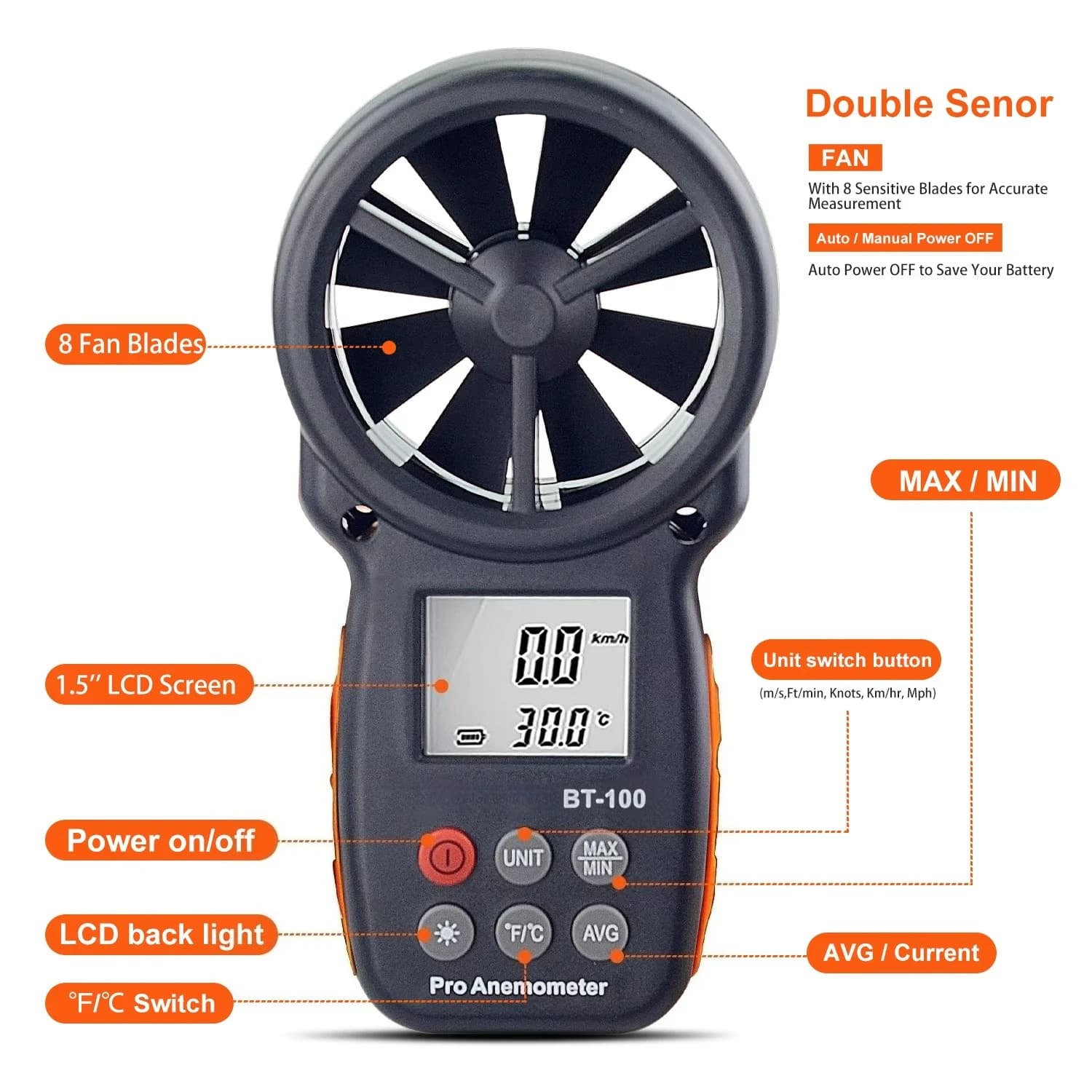 2025 BT-100 Anemometer Wind Speed Sensor Portable Digital Double Sensor Anemometer