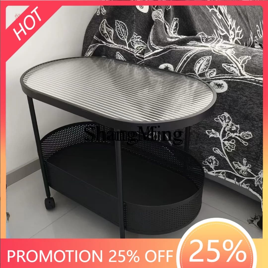 FG  Simple Cream Style Oval Side Table Living Room Small Apartment Mobile Trolley Bedroom Glass Coffee Table Sofa Side Cabinet