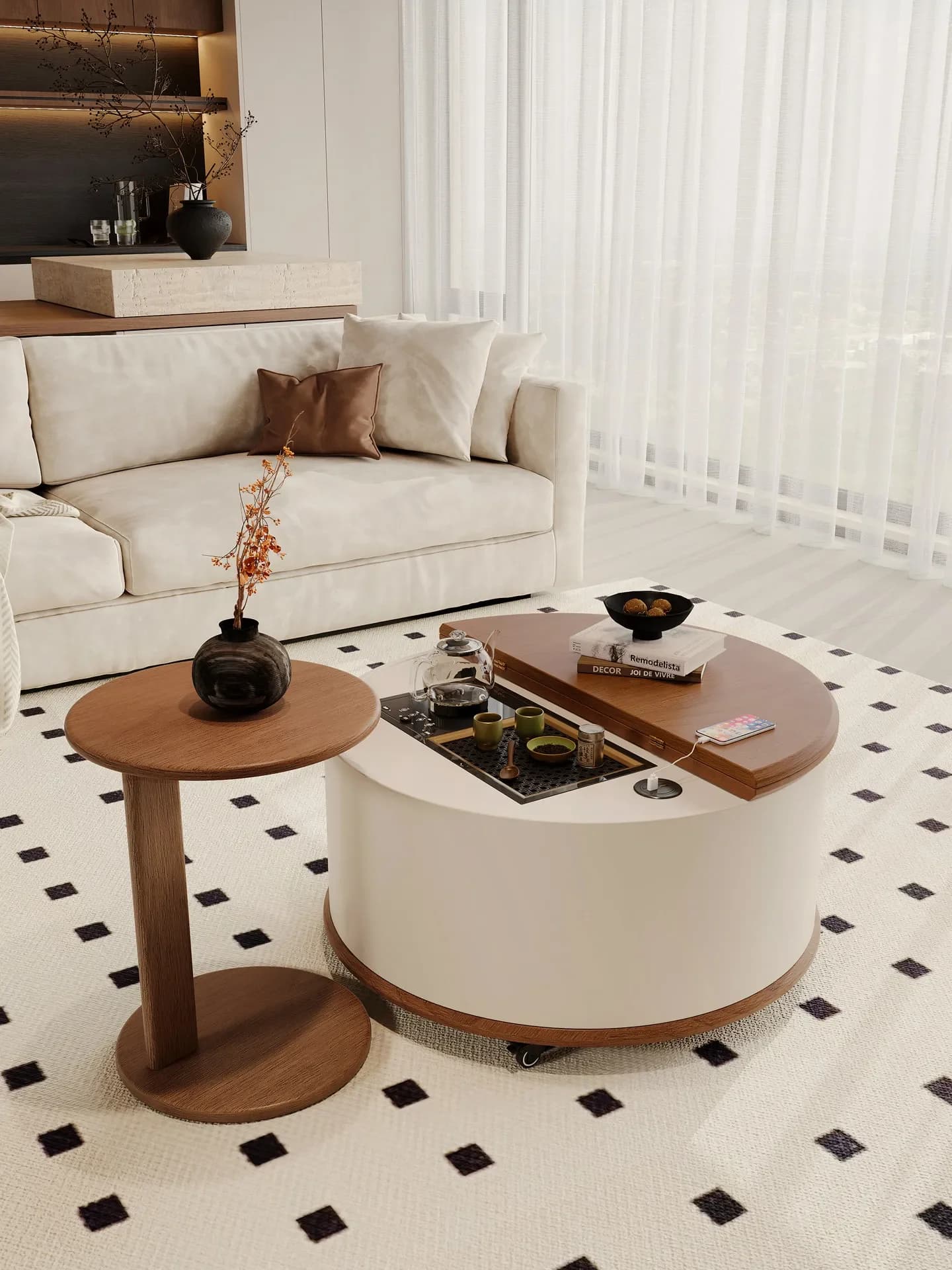 HT   living room household antique small tea table tea integrated small apartment round several combination