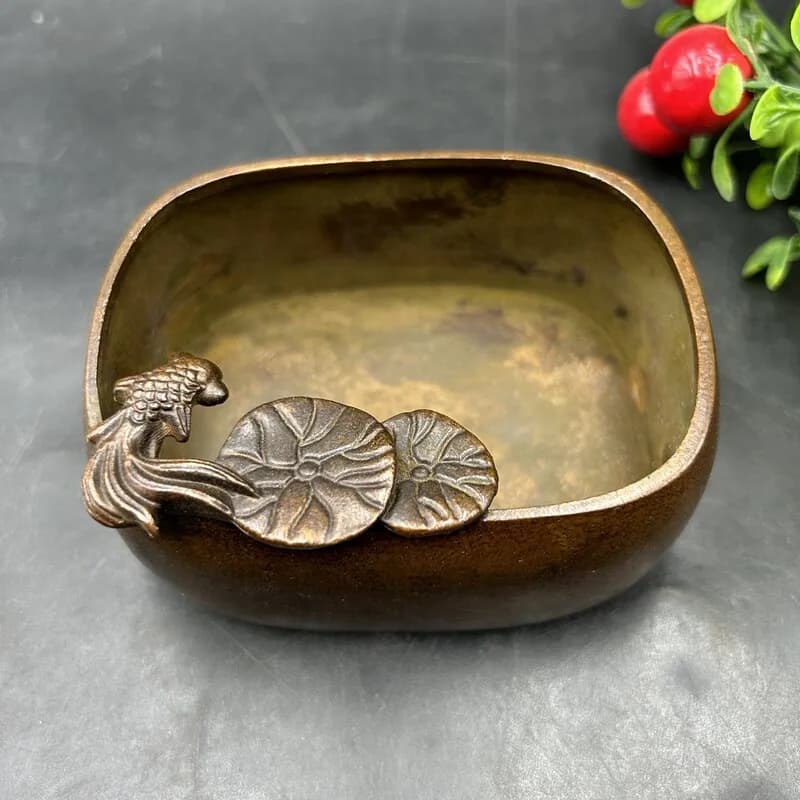Chinese Alloy Brush Washer Goldfish Lotus Relief Pattern Ashtray Writing Desk Stationery Curio Desktop Collectible Ornament