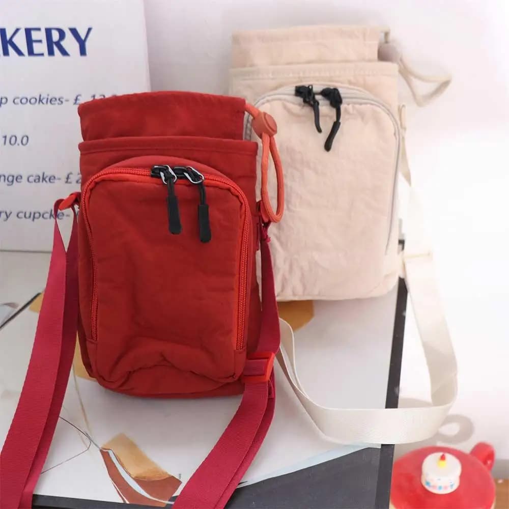 Canvas Shoulder Water Bottle Bag Solid Color Drawstring Crossbody Mobile Phone Bag Korean Style Minimalist Water Cup Bag