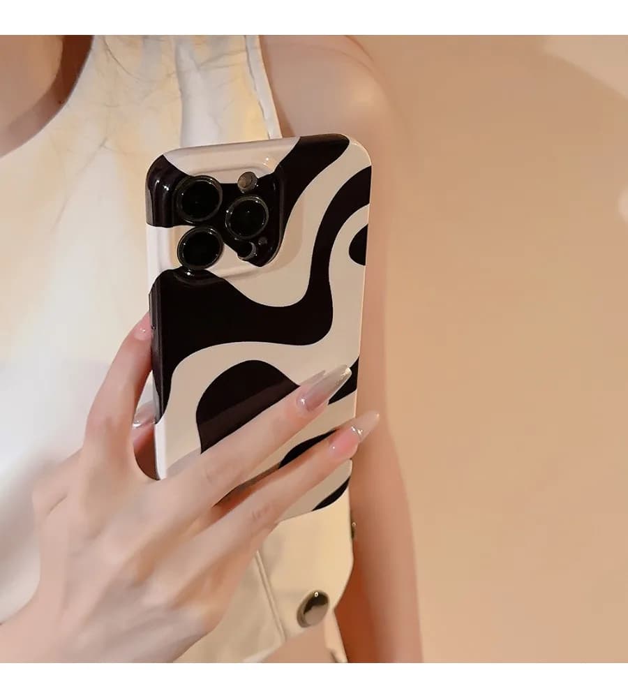 Black White Irregular Wave Glossy Phone Case For Iphone 12 13 14 15 16 17 Simple Fashion Thin Hard Cover