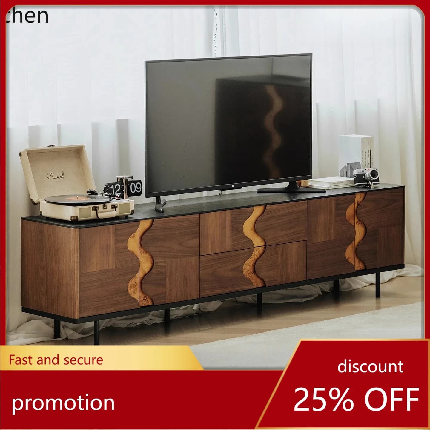HXL Twin TV Cabinet Black Walnut Color Floor Cabinet Solid Wood TV Cabinet