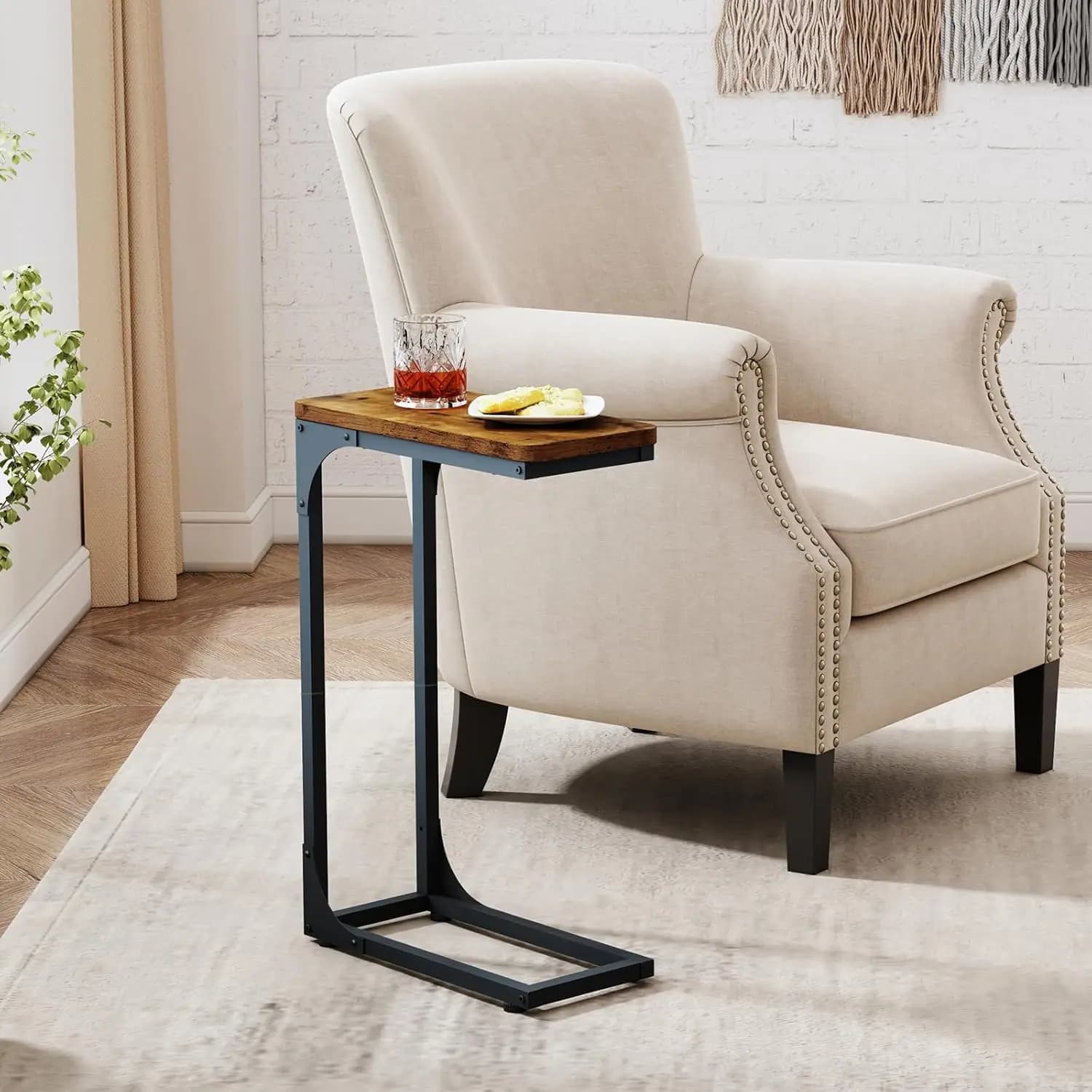 C-shaped Side Table 2-piece Set Living Room Set Ultra-thin Sofa Tray Table Slim Small Farmhouse 7 Inches Wide, Country Brown